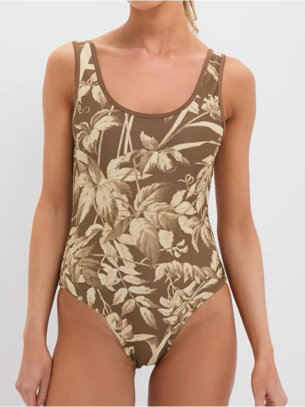 Tuckernuck Brown Botanical One-Piece Swimsuit with Cream Leaf Print - L